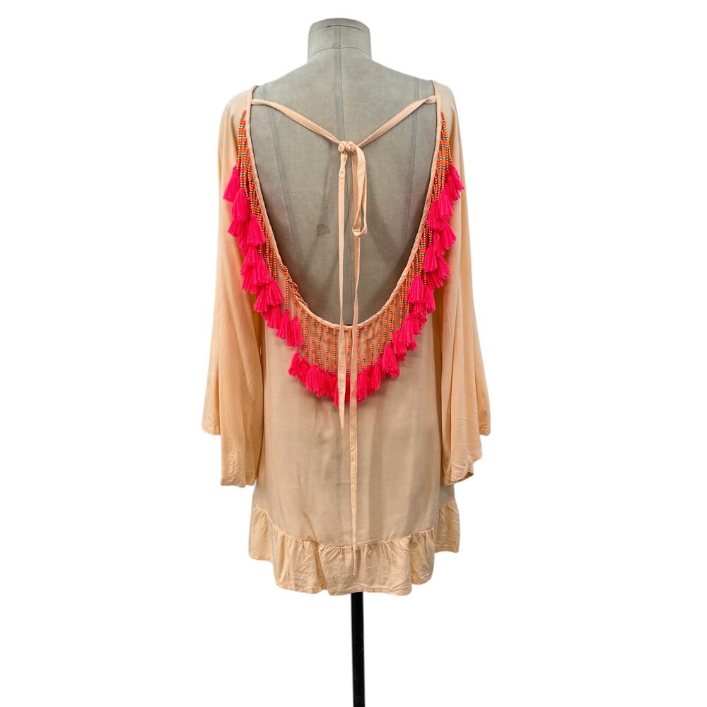 Sundress Indiana Dress Tunic Beach Tasseled Beaded Peach Neon‎ Pink Size XS - Picture 7 of 13